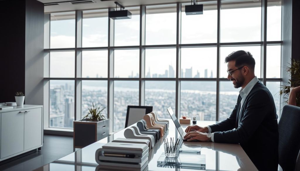 A modern office interior with large windows, abundant natural light, and a sleek, minimalist design. In the foreground, a customer service representative assists a client on a laptop, their expressions conveying a sense of attentive collaboration. The middle ground features a display of customizable products, each item reflecting the individual preferences of the customer. The background showcases a serene city skyline, suggesting the seamless integration of personalization and customer satisfaction within a dynamic urban environment. The overall mood is one of professionalism, innovation, and a deep commitment to meeting the unique needs of each client.