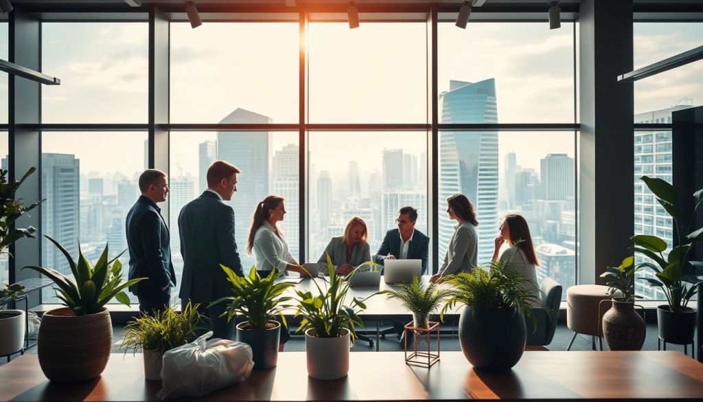 A modern office interior with large windows overlooking a bustling city skyline. In the foreground, a team of business professionals are gathered around a conference table, engaged in a lively discussion about sustainability initiatives. The lighting is warm and natural, casting a soft glow over the scene. In the middle ground, potted plants and recycled materials are strategically placed, reflecting the company's commitment to environmental responsibility. The background features sleek, minimalist decor with accents of green and earth tones, reinforcing the theme of sustainability. The overall mood is one of thoughtful collaboration and a shared vision for a more sustainable future.