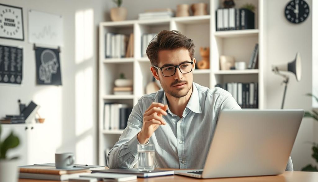 A modern office setting with a consumer psychologist analyzing consumer behavior data on a laptop. Soft, natural lighting illuminates the scene, creating a contemplative atmosphere. The psychologist's expression is focused, their hands gesturing as they review insights. In the background, shelves of psychology books and various office decor elements provide context. The overall image conveys the intersection of consumer psychology and its practical application in the digital age.