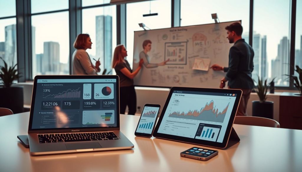 A modern office setting with a focus on technology integration in marketing. In the foreground, a desk with a sleek laptop, a tablet, and a smartphone, all displaying digital marketing analytics and campaign data. In the middle ground, a team of professionals collaborating around a large interactive whiteboard, sketching out strategies and visualizing data. The background features a cityscape through floor-to-ceiling windows, conveying a sense of a dynamic, forward-thinking marketing environment. The lighting is bright and warm, creating a productive and innovative atmosphere. The camera angle is slightly elevated, giving an overview of the scene and emphasizing the harmony between technology and human-centered marketing processes.