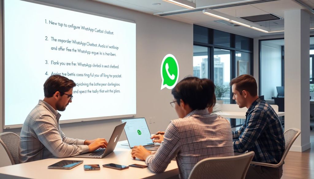 A modern office setting with a large whiteboard or projected display on the wall, showcasing step-by-step instructions for configuring a WhatsApp chatbot. In the foreground, a team of developers intently focused on their laptops, coding and fine-tuning the chatbot's functionality. The middle ground features various digital devices, such as smartphones and tablets, highlighting the versatility of the chatbot across platforms. The background depicts a sleek, minimalist workspace with abundant natural light, conveying a sense of efficiency and professionalism. The overall atmosphere is one of productive collaboration, with a touch of technological sophistication.