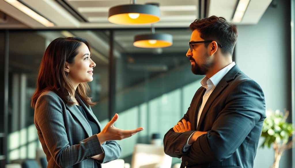 A modern office setting with a professional salesperson facing a customer, both engaged in a dynamic discussion. The salesperson gestures confidently, showcasing their ability to handle sales objections. The customer's expression conveys an inquisitive, yet open-minded stance. The scene is illuminated by warm, natural lighting, creating a sense of productive collaboration. The background features sleek, minimalist decor, emphasizing the focus on the conversation. The overall atmosphere evokes a professional, problem-solving environment where sales objections are navigated with skill and empathy.