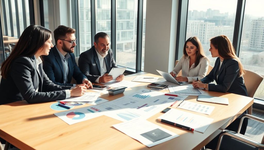 A modern office setting with a professional team gathered around a conference table, discussing and implementing the findings of their market research. Bright natural lighting streams through large windows, casting a warm, productive glow. On the table, various documents, charts, and digital devices are used to present and analyze the data. The team members, dressed in business attire, display a sense of focus and determination as they work together to translate the research into actionable strategies. The atmosphere is one of collaboration and problem-solving, with an air of innovation and progress.