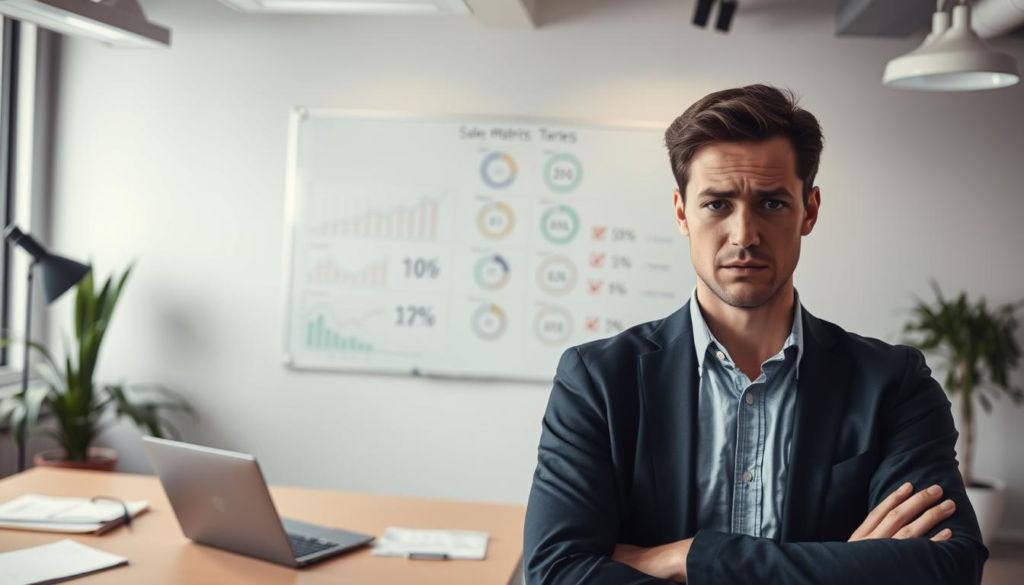 A modern office setting, with a salesperson standing in the foreground, a laptop and documents on a desk in the middle ground, and a whiteboard with various sales metrics and targets in the background. The salesperson appears frustrated, with a furrowed brow and a concerned expression, suggesting the common sales mistakes. Soft, diffused lighting casts a subtle glow, creating a contemplative atmosphere. The scene is captured with a wide-angle lens, emphasizing the depth and breadth of the office environment.