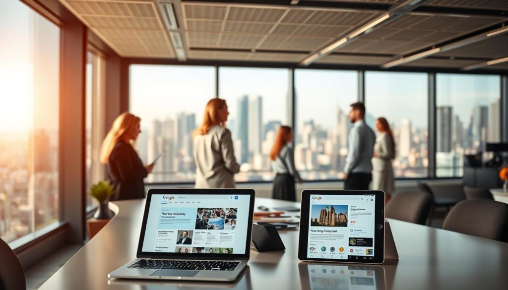A modern office setting with an array of job opportunities displayed on various digital screens and devices. The foreground features a sleek desk with a laptop, tablet, and smartphone showcasing job postings from Google Jobs. In the middle ground, a group of professionals engage in discussions, examining job listings and networking. The background depicts a panoramic view of a bustling city skyline, conveying a sense of dynamic career possibilities. The lighting is bright and warm, creating an inviting and productive atmosphere. The scene captures the excitement and potential of exploring employment options through the Google Jobs platform.