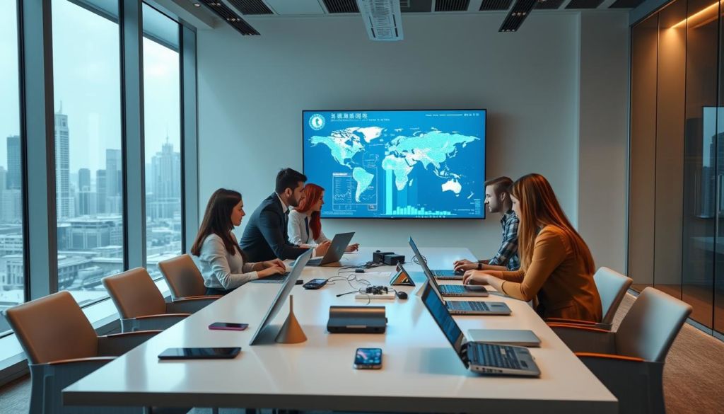 A modern office setting, with sleek, minimalist furniture and large windows allowing natural light to flood the space. In the foreground, a team of professionals collaborating around a conference table, their faces illuminated by the glow of laptop screens and tablets. The middle ground features an array of communication devices - smartphones, video conferencing equipment, and a digital whiteboard displaying real-time data. In the background, a dynamic cityscape can be seen through the windows, symbolizing the global reach and interconnectivity of modern business communication. The scene exudes a sense of efficiency, innovation, and the seamless integration of technology into everyday corporate interactions.
