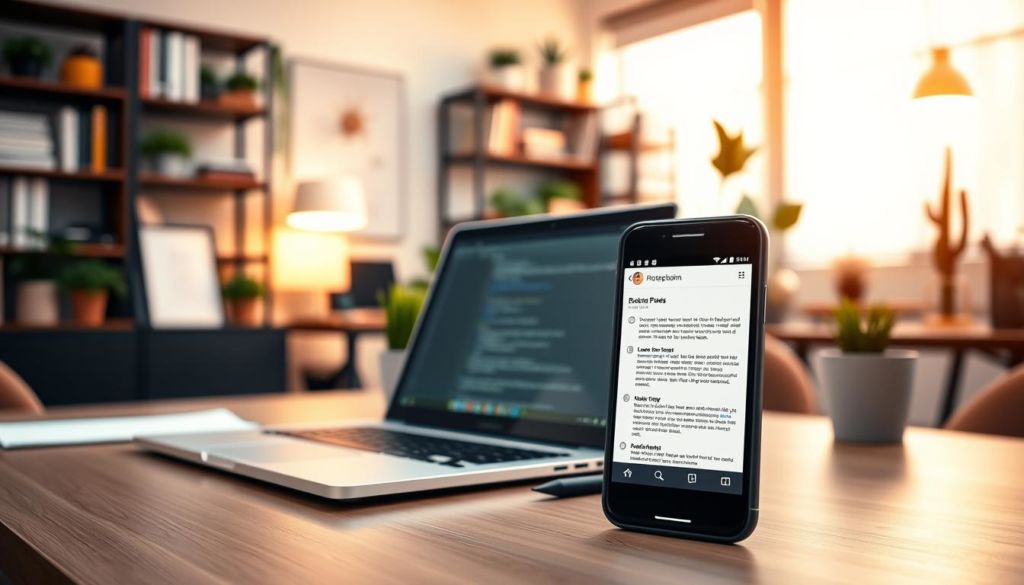 A modern office space with a desk, laptop, and a smartphone displaying an email inbox. Warm, indirect lighting creates a comfortable, professional atmosphere. The foreground shows the smartphone screen with an open email, while the middle ground features the laptop displaying a document. The background has bookshelves, potted plants, and other office decor, suggesting a productive, well-organized work environment. The mood is one of focused efficiency, with the image conveying the idea of monitoring and responding to emails as part of a comprehensive business communication strategy.