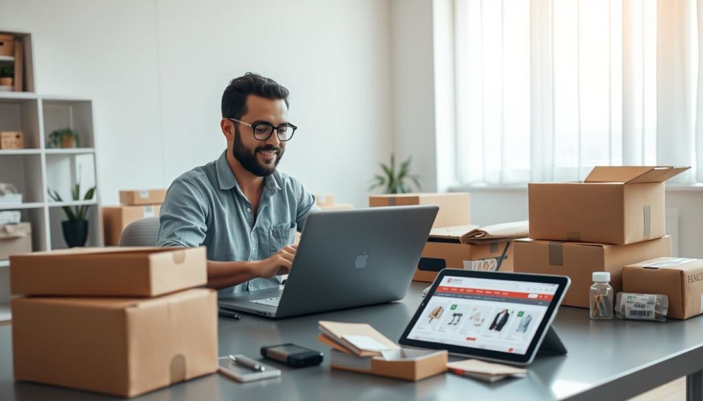A modern office space with a digital nomad entrepreneur working on a laptop, surrounded by items representing the dropshipping business model - shipping boxes, online store interface on a tablet, and product samples. Soft, natural lighting illuminates the scene, creating a warm, productive atmosphere. The composition emphasizes the simplicity and low-cost nature of the dropshipping approach to entrepreneurship.