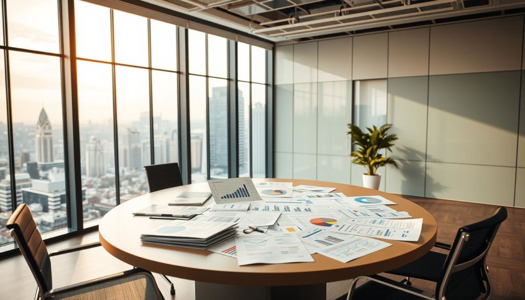 A modern office space with a large, centrally-placed desk. On the desk, various analytical charts, graphs, and market research documents are neatly arranged, indicating an in-depth competitive analysis. The lighting is warm and focused, creating a contemplative atmosphere. In the background, a large, floor-to-ceiling window overlooking a bustling city skyline, symbolizing the broader market context. The overall scene conveys a sense of strategic planning and informed decision-making, relevant to the topic of "Análise da Concorrência".