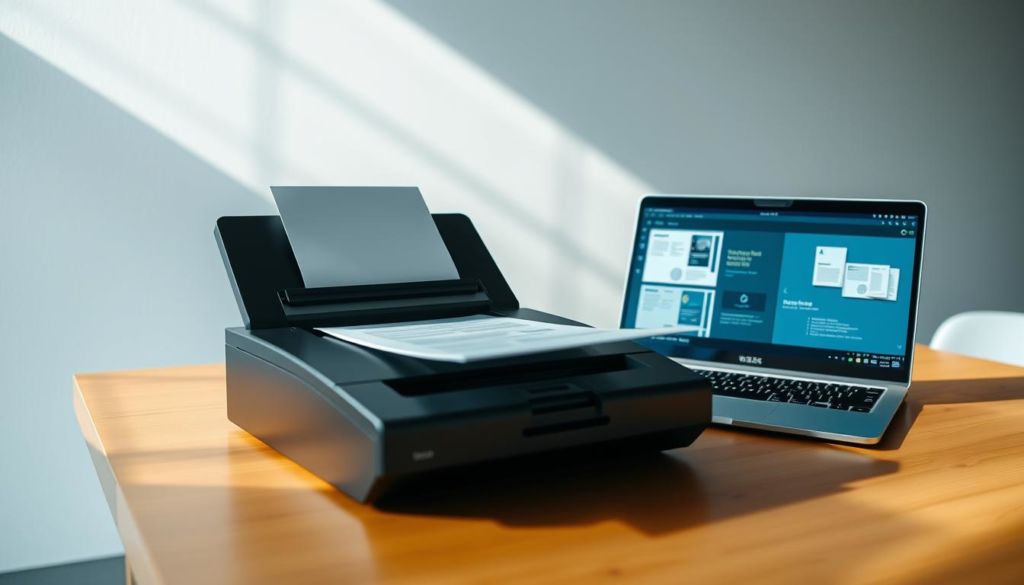 A modern office space with a professional document scanning setup. Bright, natural lighting illuminates a sleek, high-resolution document scanner sitting atop a minimalist, wooden desk. Nearby, a laptop displays a document scanning interface, highlighting the digitization process. The background features a clean, white wall, creating a sense of focus and productivity. The image conveys an efficient, technology-driven approach to document management, reflecting the topic of "Digitalização de Documentos Físicos".