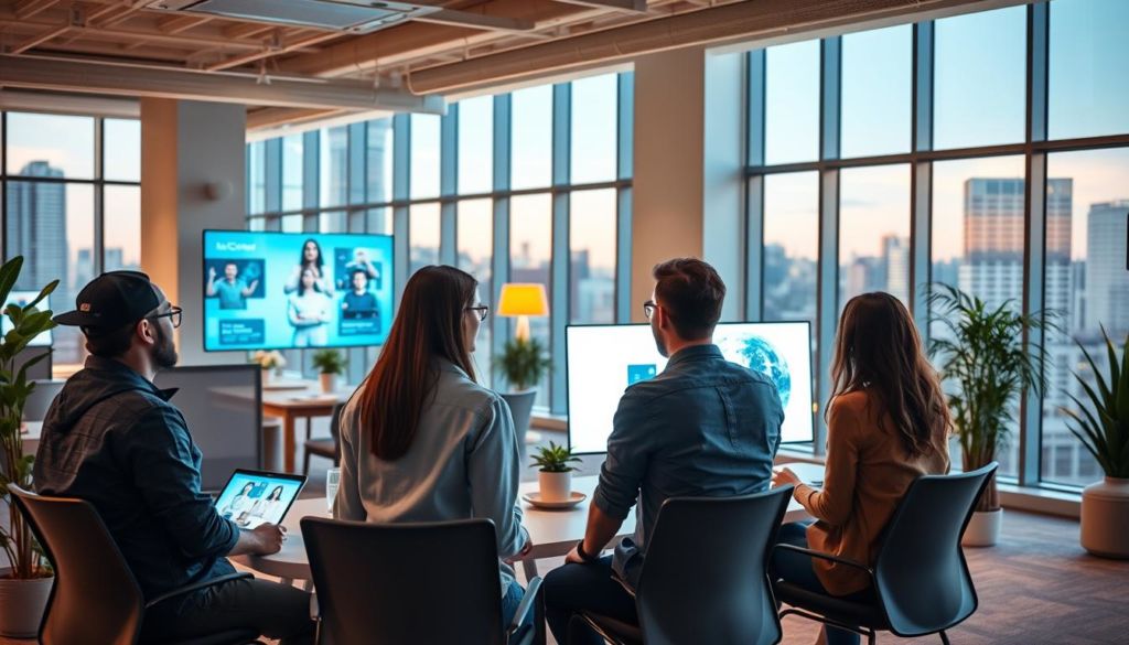 A modern office space with remote workers collaborating via holographic projections and digital screens. The foreground features a group of professionals in casual attire engaged in a virtual meeting, their faces illuminated by the glow of the screens. The middle ground showcases a partially open office layout with minimalist furniture and potted plants, while the background depicts a cityscape through large windows, hinting at the flexible, decentralized nature of this new work paradigm. The scene is bathed in warm, diffused lighting, creating a sense of productivity and innovation within this evolving organizational culture.
