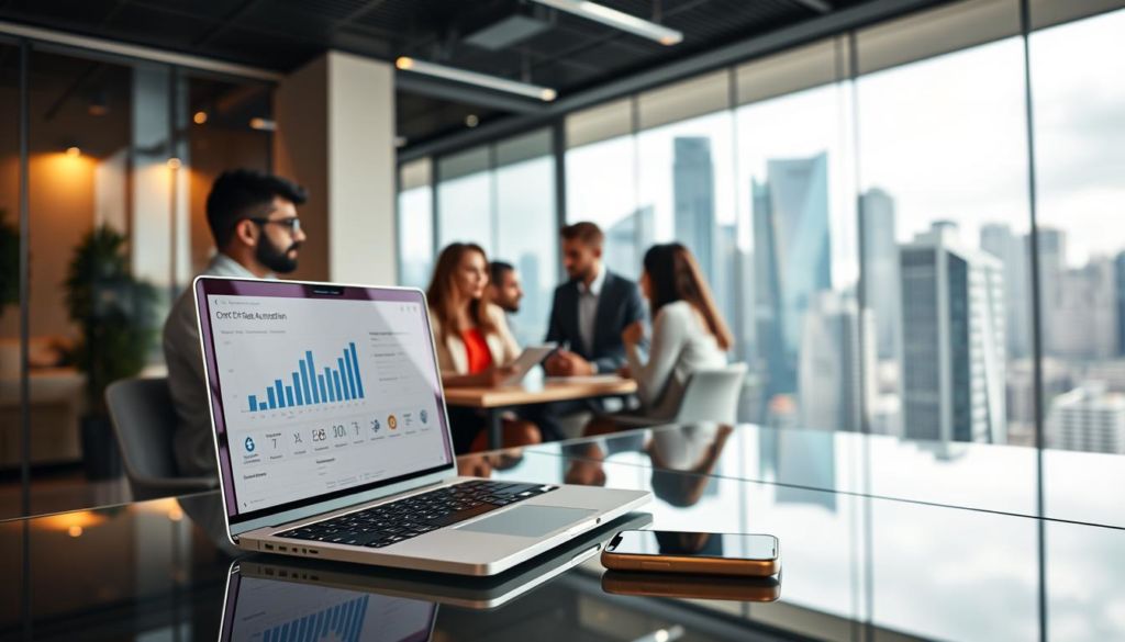 A modern office with a sleek, minimalist design. In the foreground, a laptop and smartphone sit on a glass-topped desk, representing the CRM and marketing automation tools. The middle ground features a team of diverse professionals collaborating, their faces blurred to maintain privacy. In the background, a vibrant, dynamic cityscape with tall skyscrapers suggests the bustling inbound sales environment. Warm, indirect lighting creates a focused, productive atmosphere. The overall scene conveys the power of integrated digital tools to drive inbound sales success in the Brazilian market.