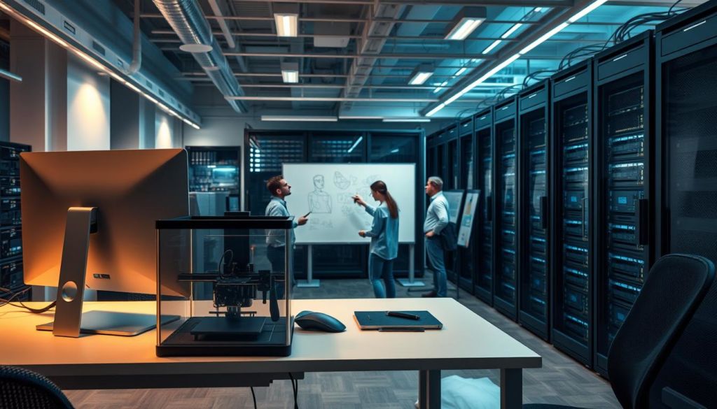 A modern office workspace filled with innovative technology. In the foreground, a sleek desktop computer, a tablet, and a 3D printer sit on a clean, minimalist desk. The middle ground features a group of engineers collaborating around a large whiteboard, sketching out new product designs. In the background, rows of high-tech servers and networking equipment hum softly, powering the digital infrastructure that enables the company's innovative work. Soft, indirect lighting casts a warm glow over the scene, creating an atmosphere of focused productivity and creative energy. The overall composition suggests a dynamic, forward-thinking company investing heavily in the latest tools and technologies to drive innovation and stay ahead of the competition.