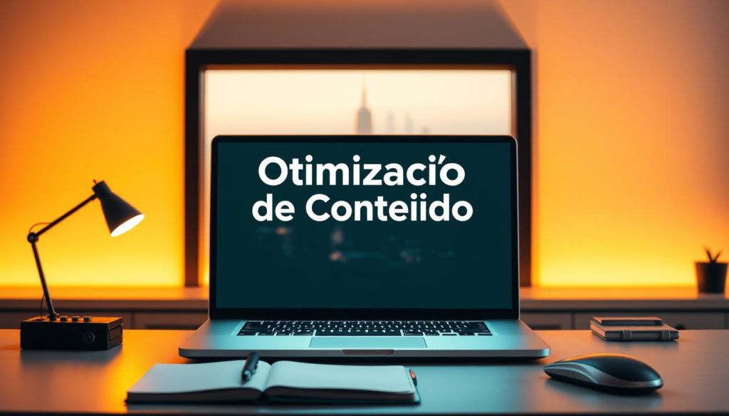 A modern office workspace with a glowing laptop screen at the center, showcasing the words "Otimização de Conteúdo" displayed in a clean, elegant typeface. The scene is illuminated by warm, soft lighting that casts a cozy, productive atmosphere. In the foreground, a compact workspace with a minimalist desk, a stylish mouse, and a thoughtfully placed notebook and pen set the tone for focused content optimization. The middle ground features a large, framed window overlooking a bustling city skyline, symbolizing the broader digital landscape in which content optimization takes place. The background is a subtly blurred, muted backdrop, allowing the central elements to take the spotlight.