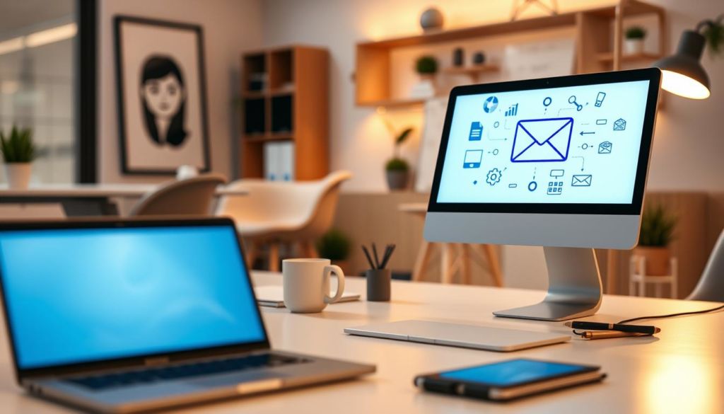 A modern office workspace with a laptop, a stylized email icon, and automation-themed graphics on the screen. Soft, warm lighting casts a cozy glow, while clean, minimalist furniture and decor create an efficient, professional atmosphere. The composition emphasizes the seamless integration of email marketing and automation, reflecting the digital marketing innovations discussed in the book. Subtle, elegant details evoke a sense of productivity, innovation, and the transformative power of technology in the modern marketing landscape.