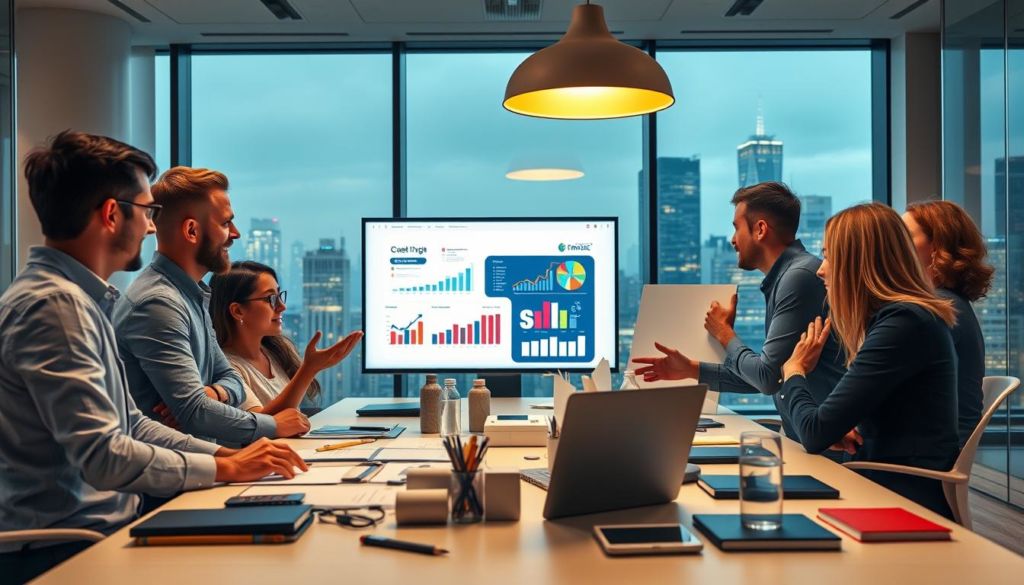 A modern office workspace with a team of professionals engaged in a strategic trade marketing discussion. The foreground features a group of coworkers gathered around a conference table, deep in conversation and gesturing animatedly as they review marketing materials and sales data projected on a large screen. The middle ground showcases various office supplies, whiteboards, and digital devices, conveying a sense of collaboration and ideation. The background depicts floor-to-ceiling windows overlooking a bustling city skyline, bathed in warm, soft lighting that creates a productive and inspiring atmosphere. The overall scene embodies the concept of developing an effective trade marketing strategy within a dynamic, tech-savvy business environment.