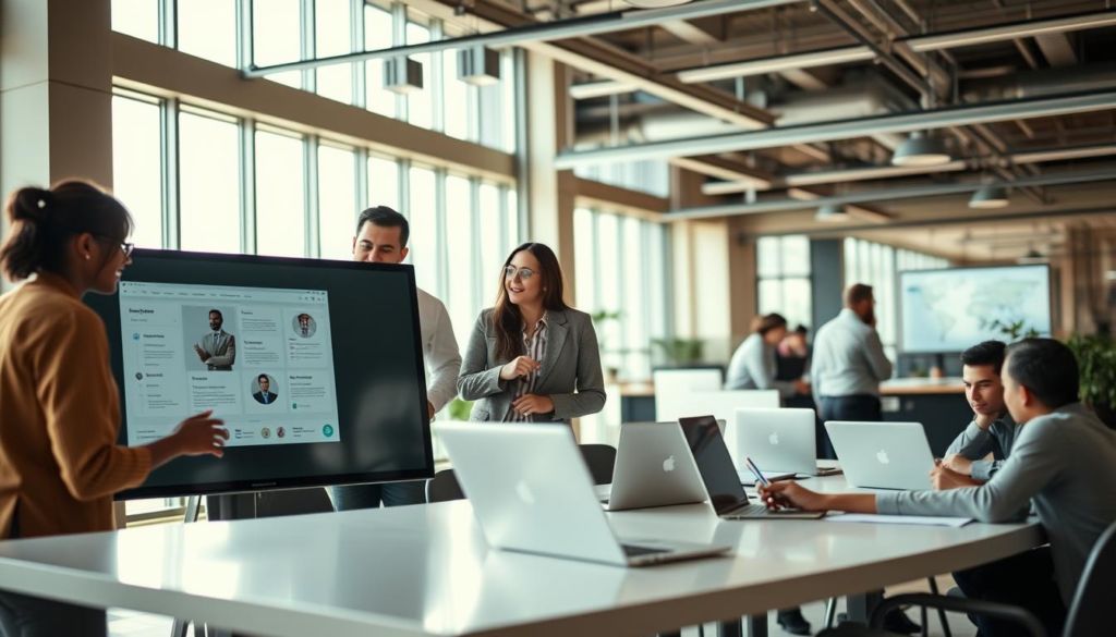 A modern open-office setting, with employees engaged in collaborative work and communication. In the foreground, two colleagues discuss project details on a sleek digital display, their expressions animated and focused. In the middle ground, a group gathers around a conference table, laptops open and pens in hand, brainstorming ideas. The background features a well-lit, spacious environment with floor-to-ceiling windows, allowing natural light to flood the space. Warm, subdued tones create a sense of professionalism and productivity, while clean lines and minimalist decor convey a streamlined, efficient workplace culture focused on effective internal communication.