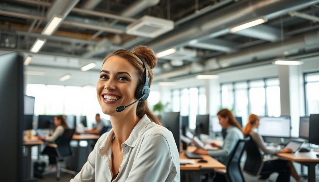 A modern open-office workspace with employees actively engaged in customer service. In the foreground, a call center agent smiles warmly as they speak on a headset, their face illuminated by the soft glow of a computer screen. In the middle ground, other agents work diligently, fingers typing on keyboards, papers neatly organized on their desks. The background features high ceilings, sleek furniture, and large windows that allow natural light to flood the space, creating an atmosphere of productivity and efficiency. The lighting is balanced, with a combination of overhead fixtures and task lighting, highlighting the professionalism and attentiveness of the inbound call center team.