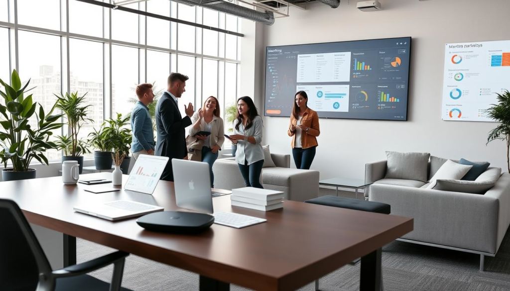 A modern open-plan office space with sleek, minimalist furniture and large windows providing abundant natural light. In the foreground, a desk with a laptop, tablet, and various marketing tools like graphs, charts, and calendars. The middle ground features a group of young professionals collaborating on a digital marketing strategy, gesticulating animatedly and reviewing analytics on their screens. In the background, a large wall-mounted display shows a dashboard of marketing metrics and automation workflows. The overall atmosphere is one of efficiency, innovation, and a forward-thinking approach to digital marketing.