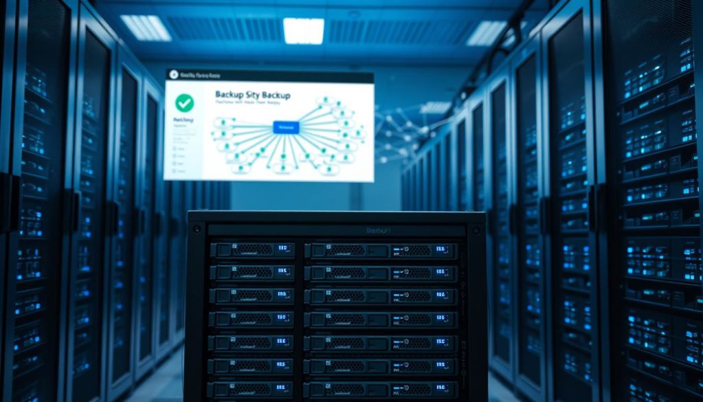 A modern server room with rows of sleek black server racks, bathed in a soft blue glow from the LED indicator lights. In the foreground, a backup storage array sits prominently, its multiple drive bays symbolizing the secure and redundant backup policies. The middle ground features a user interface displaying backup progress and recovery options, conveying the robust backup and disaster recovery capabilities. The background showcases a complex network diagram, highlighting the interconnected nature of the system and the importance of comprehensive backup strategies. Overall, the scene exudes a sense of reliability, efficiency, and commitment to data protection.