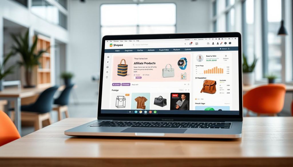 A modern, sleek e-commerce website displayed on a high-resolution laptop screen, showcasing a curated selection of the best affiliate products to promote on Shopee. The foreground features a visually appealing product image, with detailed information and call-to-action buttons. The middle ground shows an organized dashboard with analytics, performance metrics, and optimization tools. The background depicts a vibrant, minimalist office setting with natural lighting, creating a professional and inspiring atmosphere. The overall composition conveys a sense of efficiency, growth, and success for Shopee affiliates.