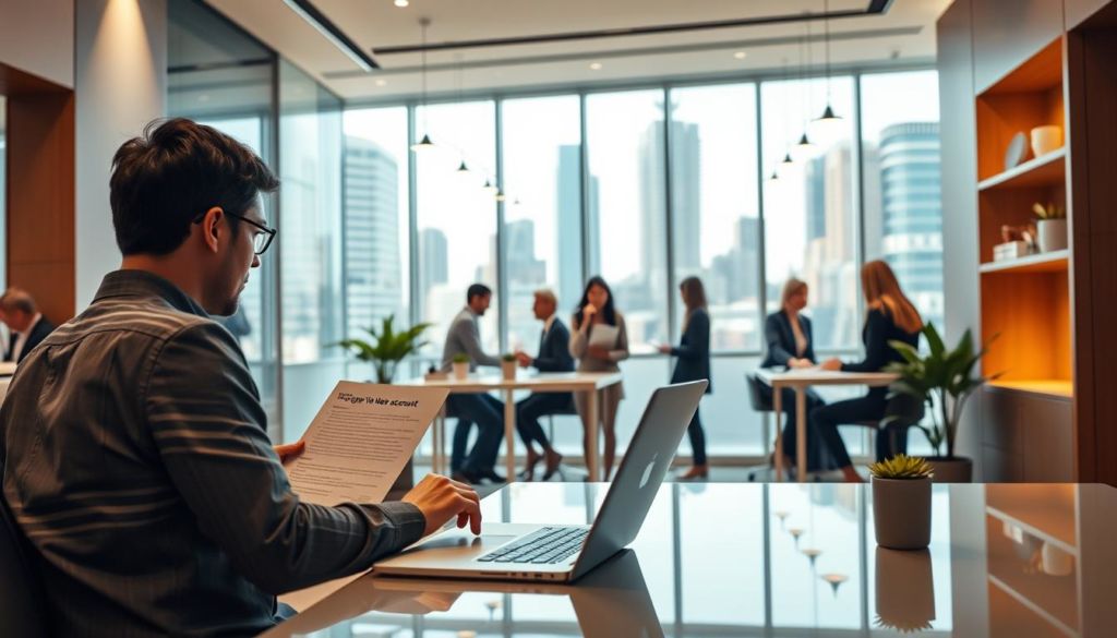 A modern, sleek fintech office with a warm, inviting atmosphere. In the foreground, a person sits at a desk, intently filling out forms on a laptop, symbolizing the ease of opening a new account. The middle ground showcases a team of fintech professionals, each assisting customers with their financial needs. The background depicts the cityscape outside, highlighting the convenience and accessibility of the fintech services. The lighting is soft and natural, creating a professional yet personable ambiance. The angle is slightly elevated, giving a sense of inclusivity and the seamless integration of fintech into everyday life.