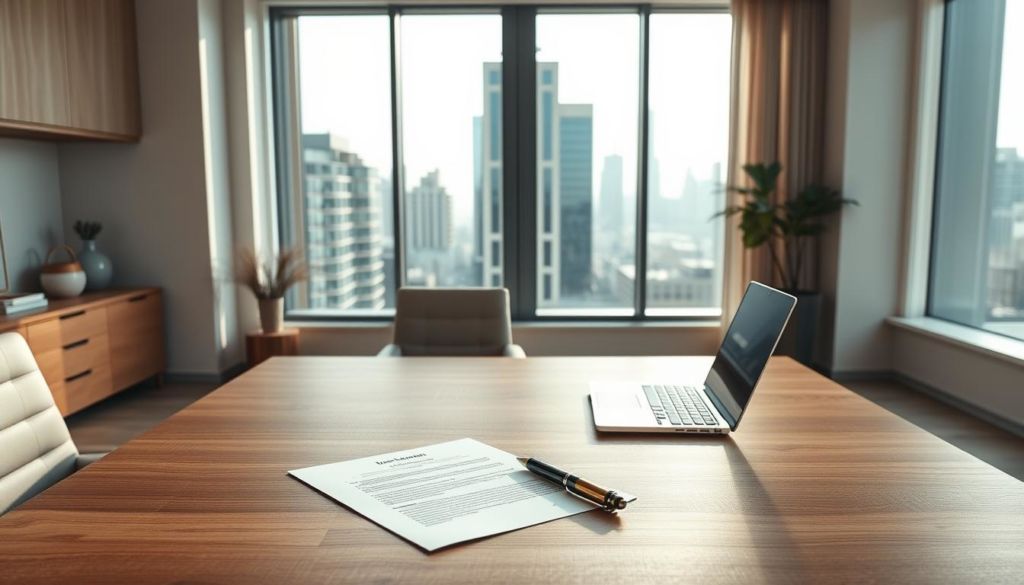 A modern, sleek home office space with a large wooden desk and minimalist decor. On the desk, legal documents, a laptop, and a pen rest against a backdrop of a floor-to-ceiling window overlooking a cityscape. Soft, natural lighting filters in, casting a warm, focused glow on the scene. The overall atmosphere conveys a sense of professionalism, attention to detail, and careful consideration of legal matters related to domain registration.