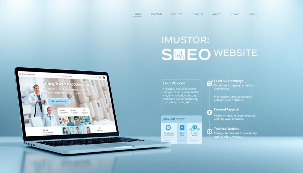 A modern, sleek medical clinic website layout with a focus on search engine optimization (SEO). In the foreground, a responsive, mobile-friendly interface showcases clinic services, doctor profiles, and appointment booking. The middle ground features informative infographics on local SEO strategies, keyword research, and technical website optimizations. In the background, a subtle gradient pattern or geometric design creates a professional, trustworthy atmosphere. Subtle lighting and a clean, minimalist aesthetic convey a sense of medical authority and online visibility. The overall scene represents a comprehensive, visually appealing approach to optimizing a clinic's digital presence for improved web discoverability and patient engagement.