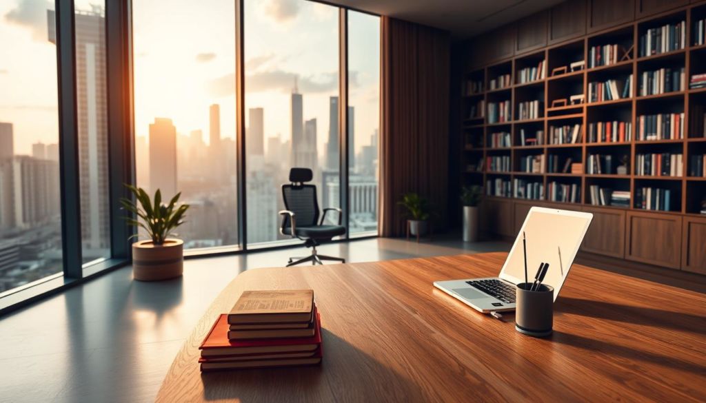 A modern, sleek office interior with a large, floor-to-ceiling window overlooking a vibrant city skyline. In the foreground, a wooden desk with a laptop, a stack of books, and a pen holder. In the middle ground, an ergonomic office chair and a minimalist side table with a potted plant. In the background, bookshelves lining the walls, creating a warm, intellectual atmosphere. The lighting is soft and natural, with a golden glow filtering through the window. The overall scene conveys a sense of productivity, focus, and the importance of content creation in the digital age.
