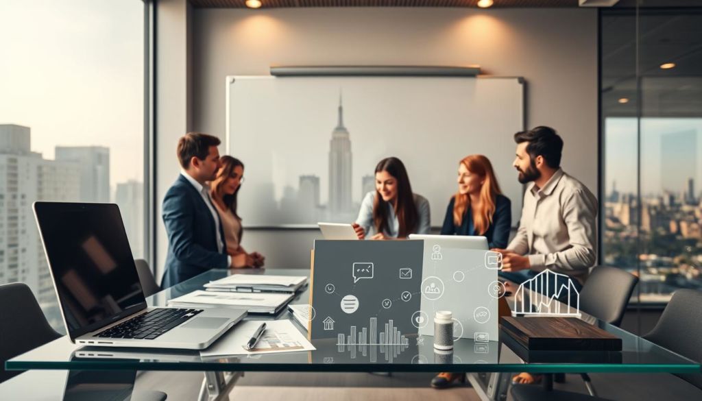 A modern, sleek office setting with a large whiteboard on the wall. In the foreground, a variety of marketing tools and technologies are neatly arranged on a glass desk, including a laptop, smartphone, tablet, and various digital marketing software icons. The middle ground features a team of professionals collaboratively brainstorming and strategizing, their expressions focused and engaged. The background showcases a panoramic city skyline, symbolizing the integration and interconnectedness of marketing channels. Warm, directional lighting casts a professional, productive atmosphere. The overall scene conveys the idea of seamless integration of various marketing tools and technologies to drive successful campaigns.