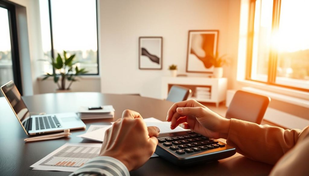 A modern, sleek office space with a large desk, a laptop, a stack of papers, and a calculator. The room is bathed in warm, natural lighting streaming through large windows, creating a productive and focused atmosphere. In the foreground, a person's hands are enthusiastically working on financial calculations, symbolizing the pursuit of maximizing commissions. The background features minimalist decor, such as a potted plant and a framed abstract art piece, adding a touch of sophistication. The overall scene conveys a sense of determination, efficiency, and the drive to achieve financial success.