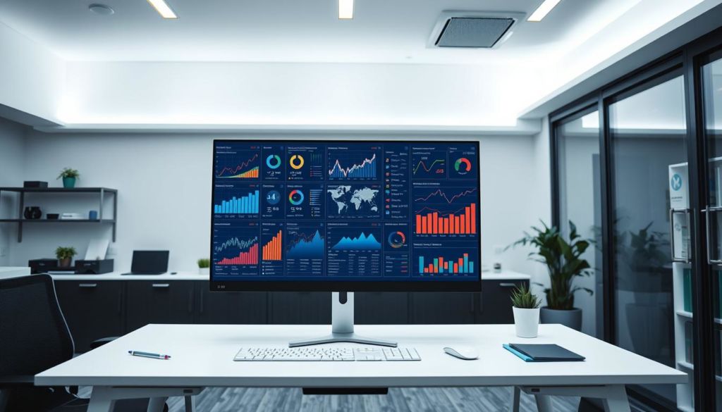 A modern, sleek office space with a large, high-resolution computer monitor displaying comprehensive analytical data, intricate graphs, and insightful metrics. The monitor is positioned on a clean, minimalist desk, surrounded by a few carefully curated office supplies. The lighting is bright and even, creating a professional, focused atmosphere. The room is filled with a sense of productivity and attention to detail, conveying the importance of carefully monitoring and analyzing results to drive informed decision-making.
