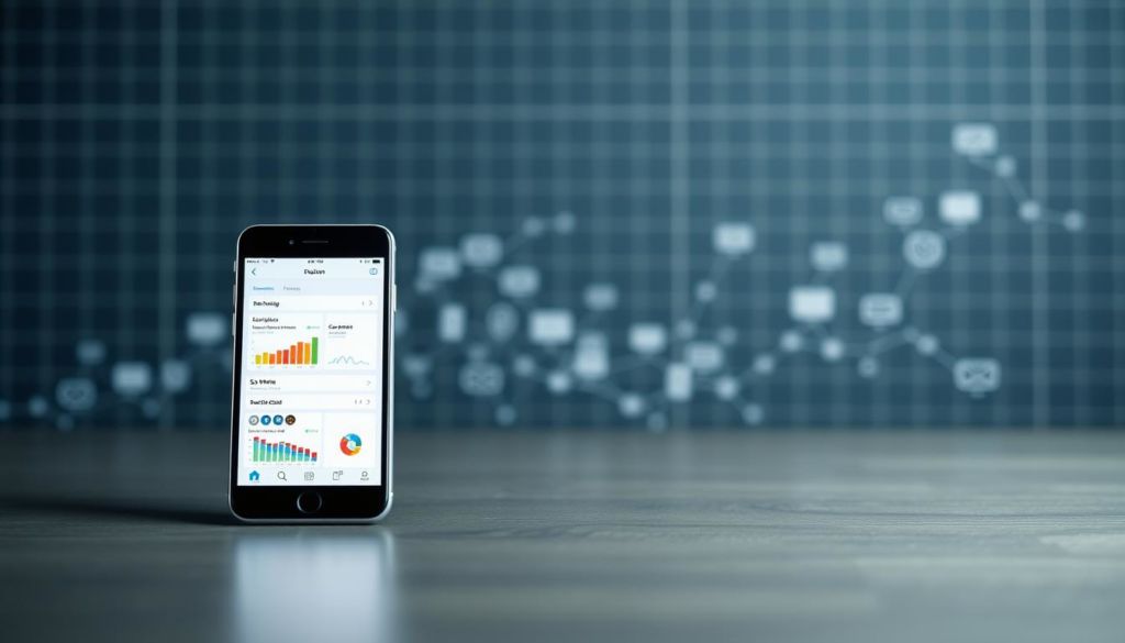 A modern, sleek web-based SMS marketing platform with a clean, minimalist interface. The foreground features a mobile device displaying a messaging dashboard, with colorful graphs, charts, and analytics data. The middle ground showcases various communication channels like email, social media, and SMS, seamlessly integrated. The background has a subtle grid pattern, suggesting a technologically advanced, cloud-based infrastructure. Diffused lighting creates a professional and trustworthy atmosphere, while a shallow depth of field focuses the viewer's attention on the central mobile device. The overall composition conveys the efficiency and effectiveness of this SMS marketing tool.