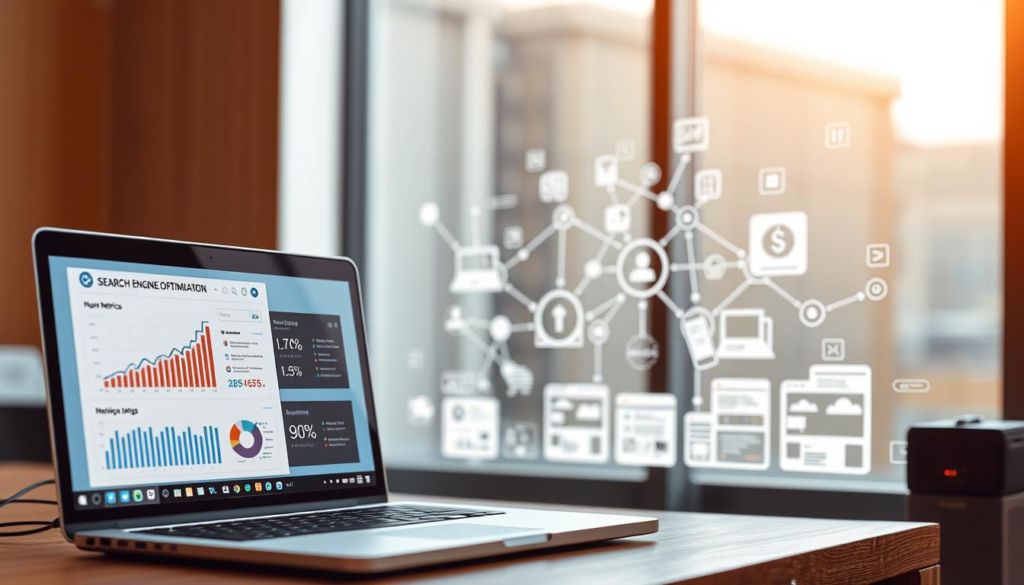A modern, sleek website layout against a soft, blurred background. In the foreground, a laptop displaying search engine optimization metrics and statistics, surrounded by digital devices and technological elements. The middle ground features a series of interconnected website templates, icons, and UI components, conveying the concept of website optimization. The background depicts a subtle gradient or abstract pattern, evoking a sense of digital innovation and online presence. The overall scene is bathed in warm, directional lighting, creating depth and emphasizing the technical aspects of the image.