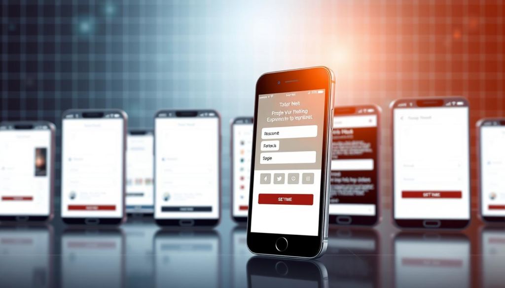 A modern smartphone display featuring a responsive web design, with clean and intuitive user interfaces optimized for mobile devices. The foreground showcases a series of mobile-friendly UI elements such as navigation menus, form fields, and call-to-action buttons. The middle ground depicts a stylized mobile device mockup, reflecting the latest design trends and technology. The background features a subtle grid or wireframe pattern, symbolizing the technical aspects of mobile optimization. The overall mood is sleek, professional, and inspiring, conveying the importance of delivering an exceptional mobile experience to users.