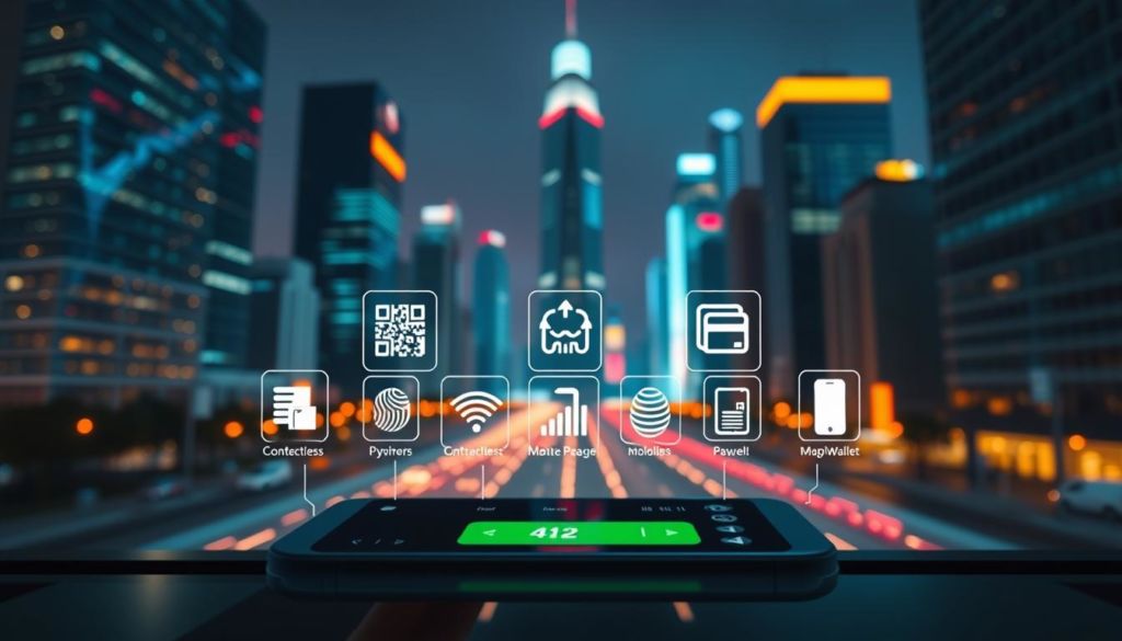 A modern, technologically-advanced payment system featuring a sleek, minimalist user interface. In the foreground, a stylized digital wallet or mobile payment app displays various payment options. The middle ground showcases a range of payment methods - contactless, QR code, biometric, and mobile wallet icons. In the background, a futuristic cityscape with towering skyscrapers and glowing, neon-lit streets sets the scene. The overall mood is one of innovation, efficiency, and seamless digital transactions. The lighting is bold and vivid, creating a sense of dynamism and technological progress. The camera angle is slightly elevated, giving a bird's-eye view of the payment ecosystem.