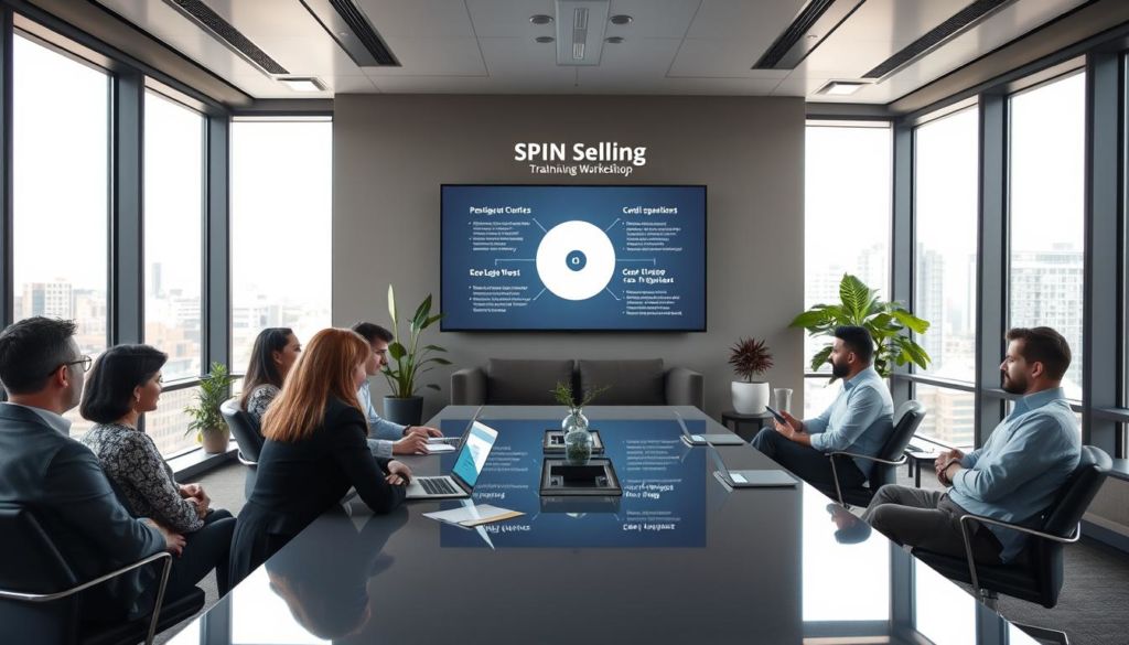 A modern training room with large windows letting in soft, natural light. In the foreground, a group of professionals sit around a sleek conference table, engaged in lively discussion. Laptops, notepads, and pens suggest a SPIN Selling workshop is in progress. The middle ground features a large, digital display showcasing SPIN Selling techniques and strategies. Potted plants, stylish furniture, and neutral tones create a professional, yet comfortable atmosphere. The background shows a cityscape outside, hinting at the real-world application of these sales skills.