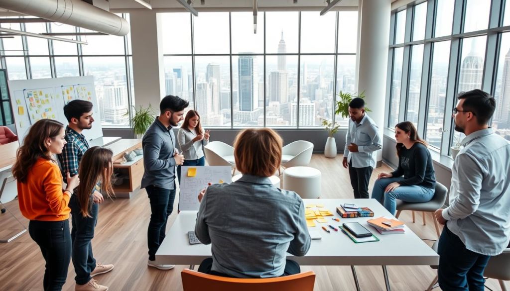 A modern, vibrant startup office setting with an open floor plan, natural lighting, and minimalist design. In the foreground, a diverse team of startup employees engaged in a brainstorming session, using sticky notes, whiteboards, and markers to explore design thinking principles. The middle ground features a centralized collaboration space with comfortable seating and sleek, geometric furniture. In the background, large windows offer a view of a bustling city skyline, conveying a sense of urban innovation and entrepreneurial energy. The overall tone is one of creativity, collaboration, and a forward-thinking approach to problem-solving.