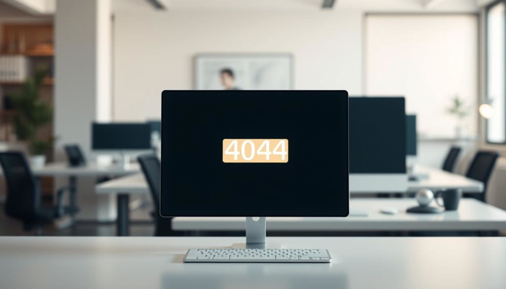 A modern web browser window on a sleek, minimalist desk, displaying a 404 error message against a soft, blurred background of a working office space. The window has a subtle, warm glow and clean, elegant design, conveying a sense of professionalism and attention to detail. The lighting is soft and slightly directional, creating depth and dimension. The overall mood is one of calm, focused problem-solving, hinting at the process of quickly resolving the 404 issue.