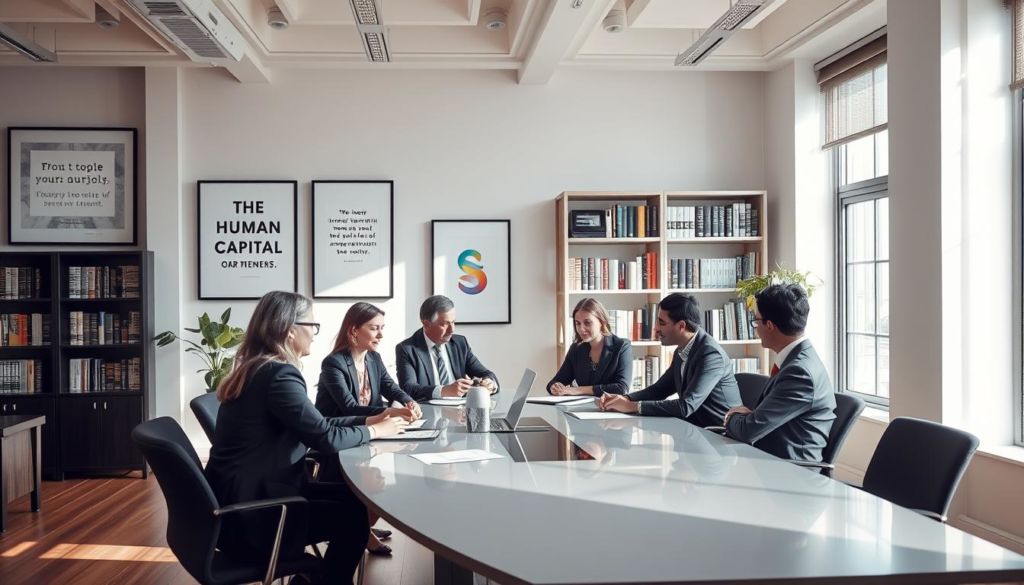 A modern, well-appointed office space with natural lighting streaming through large windows. In the foreground, a group of business professionals in formal attire engaged in a collaborative discussion around a sleek conference table. On the walls, carefully curated artwork and motivational quotes. In the background, a bookshelf filled with industry publications and HR-related resources. The overall atmosphere conveys a sense of professionalism, expertise, and a commitment to human capital management. Crisp, high-quality details captured through a wide-angle lens with a slightly elevated camera position to emphasize the importance of the scene.
