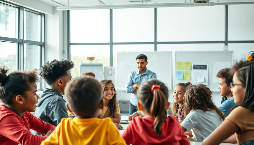 A modern, well-designed classroom setting with large windows allowing natural light to flood the space. In the foreground, a group of diverse students engaged in collaborative learning, faces animated with curiosity and enthusiasm. In the middle ground, a teacher guiding the discussion, their expression one of attentive mentorship. The background features educational materials, whiteboards, and technology seamlessly integrated into the environment. The overall atmosphere conveys a sense of dynamic, immersive learning, where students are empowered to explore, discover, and grow. Crisp, high-definition rendering with a balanced, harmonious color palette.