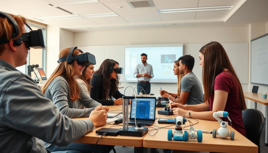 A modern, well-equipped classroom with students engaged in hands-on, innovative learning activities. In the foreground, a group of young adults are clustered around a table, using cutting-edge technology like 3D printers, virtual reality headsets, and programmable robots to create and explore. The middle ground features an instructor guiding the students, utilizing a large interactive whiteboard to demonstrate new techniques. The background depicts the classroom's contemporary design, with ample natural light, adaptable furniture, and a sleek, minimalist aesthetic. The overall scene conveys a dynamic, forward-thinking educational environment focused on developing practical, in-demand skills for the 21st century job market.