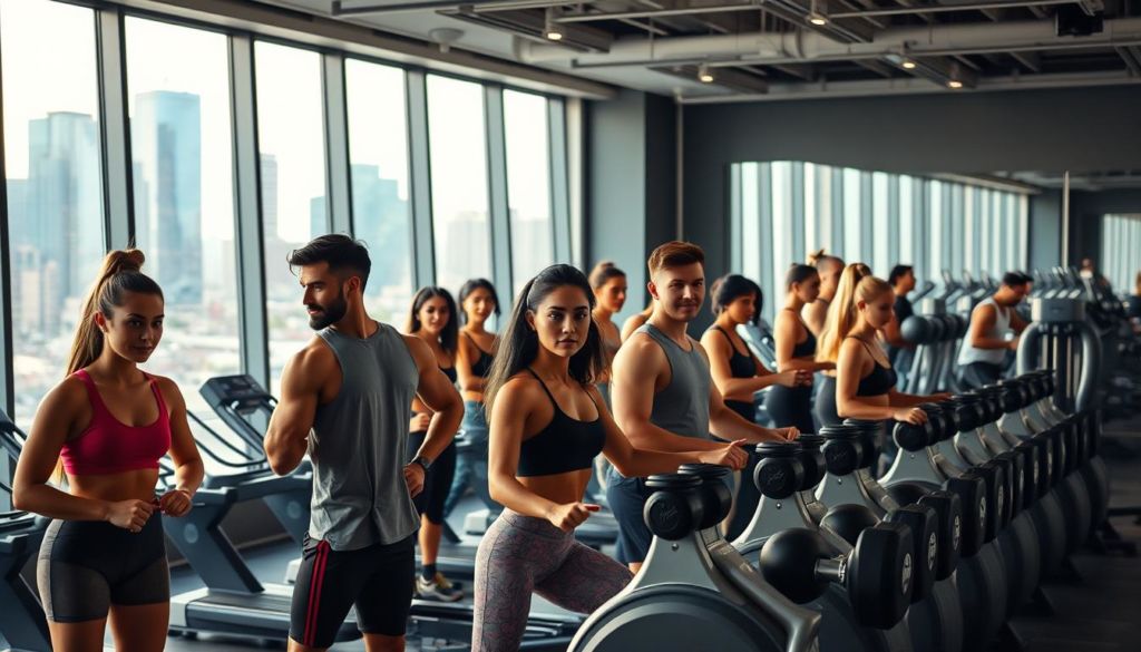 A modern, well-equipped fitness studio with sleek, minimalist design. The foreground features a group of diverse, athletic clients engaged in a high-intensity workout session, their faces expressing determination and focus. In the middle ground, a row of state-of-the-art exercise machines and free weights, arranged in a visually-appealing layout. The background depicts large windows overlooking a bustling urban skyline, bathed in warm, natural lighting that casts a soft glow throughout the space. The overall scene conveys a sense of energy, wellness, and an aspirational lifestyle that would appeal to the "cliente fit" demographic.