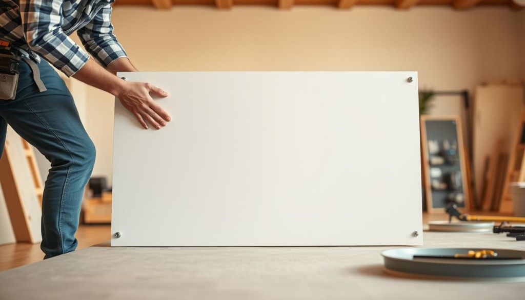 A modern, well-equipped home installation crew assembling a new wall panel with ease and efficiency. In the foreground, a pair of skilled hands carefully align the edges and smooth the surface, suggesting the straightforward nature of the installation process. The middle ground features the wall panel itself, its sleek and seamless design hinting at the convenience and practicality of the envelopment solution. In the background, a clean and organized workspace with neatly arranged tools and materials, conveying a sense of professionalism and attention to detail. Warm, diffused lighting casts a soft glow, creating an atmosphere of effortlessness and satisfaction as the task is completed with confidence and care.
