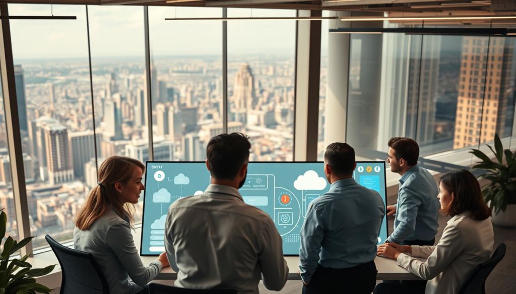 A modern, well-equipped office space with a team of professionals engaged in implementing a Customer Data Platform. The foreground depicts a group of data analysts and engineers collaborating around a large interactive display, discussing data flows and integration processes. The middle ground showcases a suite of cloud-based software tools, dashboards, and data visualization elements. In the background, a panoramic view of a vibrant cityscape, representing the broader business ecosystem. Warm, professional lighting and a sleek, minimalist aesthetic create a sense of efficiency and progress. The overall scene conveys the diligence and technical expertise required to successfully deploy a Customer Data Platform.