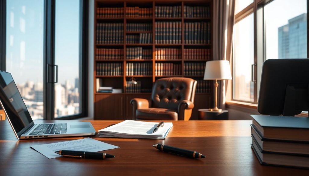 A modern, well-furnished law office with a warm, professional atmosphere. The foreground features a wooden desk with a laptop, pen, and a stack of legal documents. In the middle ground, a comfortable leather armchair and a bookshelf filled with legal volumes create an inviting space for client consultations. The background depicts large windows overlooking a cityscape, allowing natural light to flood the room. The lighting is soft and balanced, creating a sense of clarity and focus. The overall composition conveys a sense of expertise, reliability, and a commitment to providing expert legal counsel.