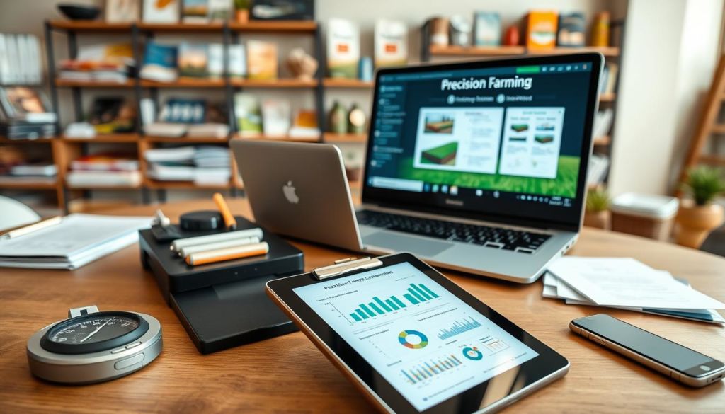 A modern, well-lit agricultural workplace showcasing an array of sales tools for agribusiness. In the foreground, a sleek tablet device displays charts and graphs, surrounded by a precision scale, a clipboard with forms, and a smartphone with a farming app open. In the middle ground, a sturdy laptop rests on a desk, with a high-resolution monitor displaying a presentation on precision farming techniques. In the background, shelves hold neatly organized catalogs, brochures, and product samples. The overall atmosphere conveys professionalism, technology, and a focus on data-driven decision making to serve the needs of the modern agribusiness customer.