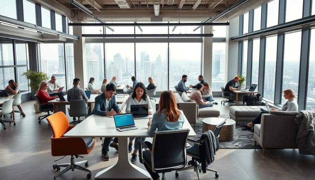 A modern, well-lit coworking space filled with young professionals working collaboratively on their laptops. In the foreground, a group of colleagues engaged in a lively discussion around a sleek, minimalist conference table. The middle ground showcases a variety of flexible seating options, from ergonomic chairs to plush sofas, encouraging an atmosphere of creativity and productivity. In the background, floor-to-ceiling windows flood the space with natural light, offering a panoramic view of the bustling city skyline beyond. The overall scene exudes a sense of energy, innovation, and a dynamic, community-driven work environment.