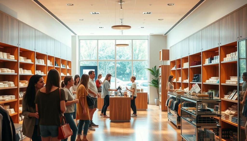 A modern, well-lit retail store interior with a warm, inviting atmosphere. In the foreground, a group of customers cheerfully browsing through neatly arranged merchandise displayed on elegant wooden shelves. The middle ground features a centrally located, ergonomic checkout counter with a friendly sales associate assisting a customer. In the background, large windows allow natural light to flood the space, creating a sense of openness and tranquility. The overall scene conveys a positive, memorable shopping experience characterized by excellent customer service, high-quality products, and an aesthetically pleasing, comfortable environment.