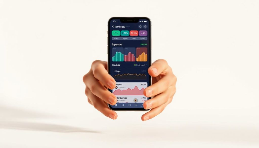 A modern, well-organized mobile finance app interface against a clean, bright background. In the foreground, a person's hands navigating the app, with categories like "Income", "Expenses", and "Savings" prominently displayed. The middle ground shows colorful graphs and charts tracking financial data, while the background features simple line illustrations depicting concepts like budgeting and money management. Soft, natural lighting and a calm, approachable atmosphere convey the ease of using the application.